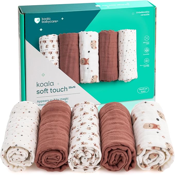Koala Babycare 5 Pack 20"x10" Organic Burp Cloths for Baby Boys and Girls - GOTS & OEKO-TEX Cotton Burp Rags for Newborns - Absorbent Neutral Burping Cloths for Feeding - Washable Baby Bibs Essentials