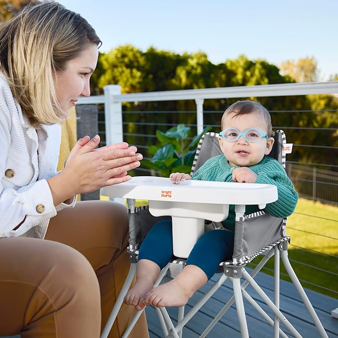 Bright Starts Pop 'N Dine Portable High Chair, Indoor/Outdoor, BPA Free Tray, Easy to Fold, Unisex, Grey, 6 Months +