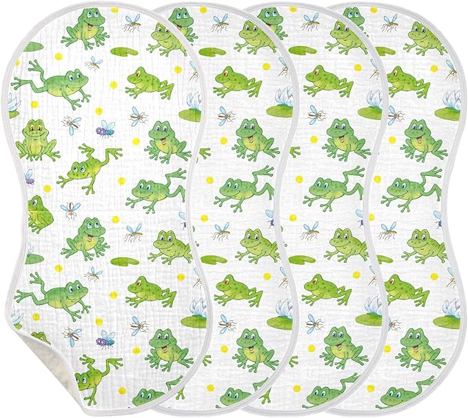 Cartoon Frog Lily Lotus Leaf Muslin Burp Cloths for Baby 4 Pack 100% Cotton Baby Washcloths Bibs for Boy Girl