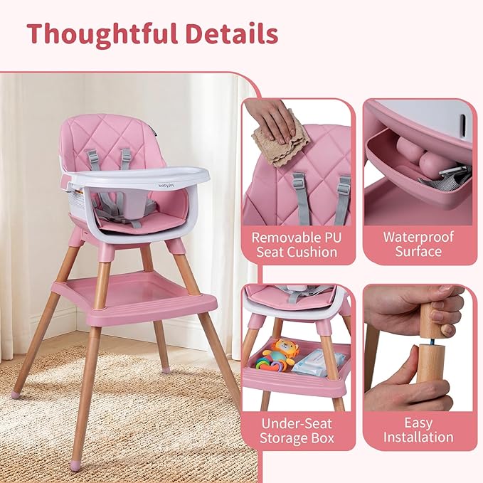 BABY JOY 8-in-1 High Chair, Convertible Wooden Highchairs for Babies and Toddlers | Dining Booster Seat | Toddler Stool, Double Removable Tray, 5-Point Safety Harness & Waterproof PU Cushion (Pink)