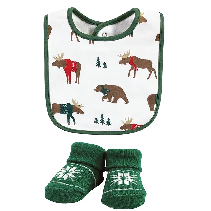 Hudson Baby Unisex Baby Cotton Bib and Sock Set, Moose Be Christmas, One Size