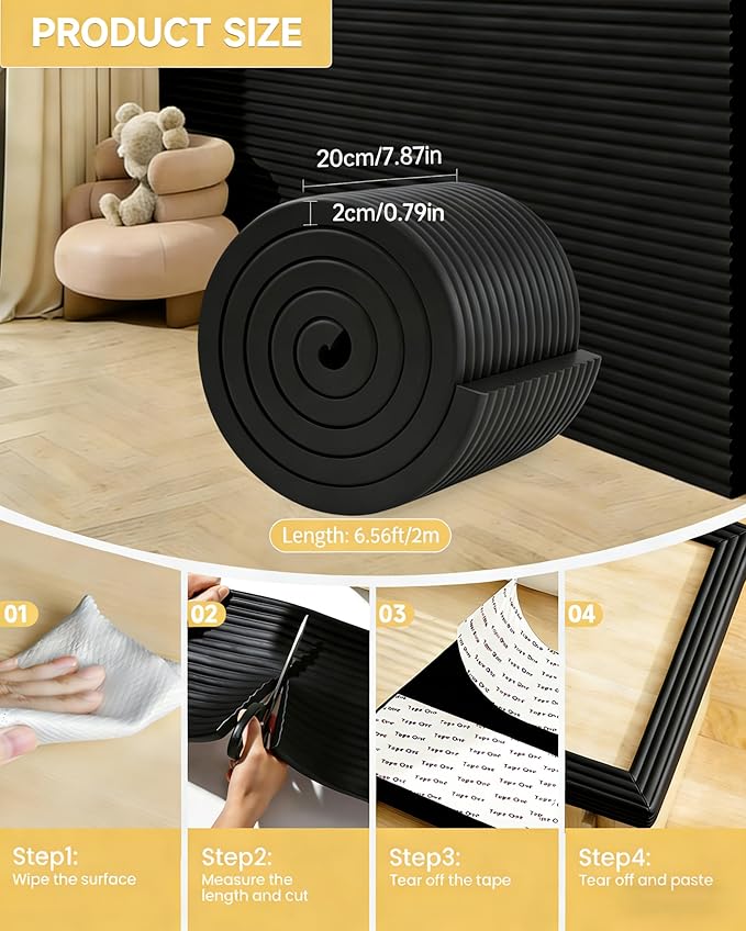 7.9''W Extra-Wide Edge Protector, 6.56FT 0.79''Th Baby Proofing Corner Guards, Safety Furniture Bumper, Pre-Taped, Thick Soft Rubber Foam Padding for Fireplace Table Stair Cabinet (Black)