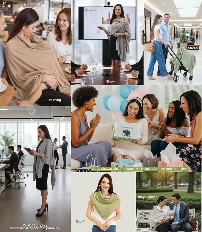Set Premium Breast Feeding Covers for Women of All Body Types: Ultra Soft Stylish and Breathable Nursing Cover up for Breastfeeding + 4 Reusable Breast Pads for Nursing Comfort (Olive Sage)