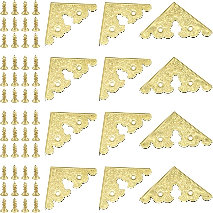 Bivethoi 12 Pack 1.34" x 1.34" Decorative Corner Protectors, Retro Style Edge Safety Guards Gold Covers, Vintage Metal Edge Cover for Furniture/Table/Jewelry Box