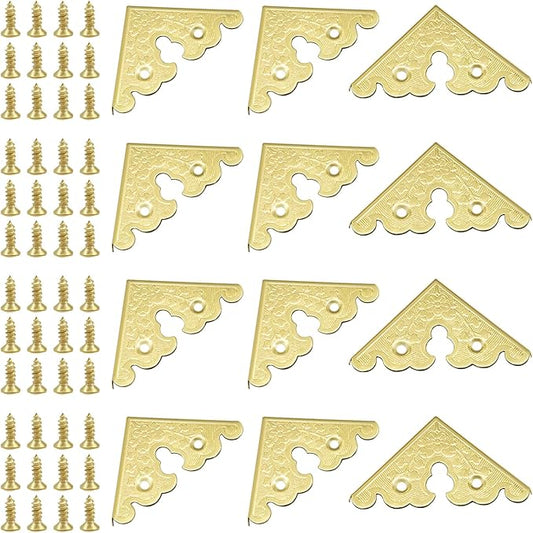 Bivethoi 12 Pack 1.34" x 1.34" Decorative Corner Protectors, Retro Style Edge Safety Guards Gold Covers, Vintage Metal Edge Cover for Furniture/Table/Jewelry Box