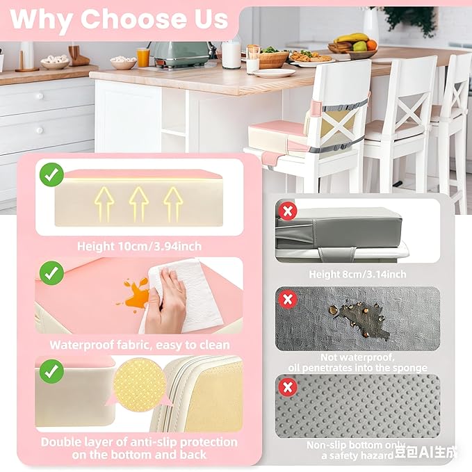 Toddler Booster Seat for Dining Table with Adjustable Straps, Kids Booster Seat for Kitchen Chair with Non-Slip Bottom, PU Anti-Scratch Portable Detachable Increasing Cushion (Pink)