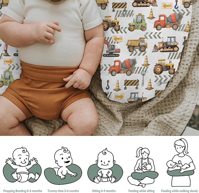 Construction Truck Vehicle Baby Nursing Pillow Covers for Boy Girl Excavator Tractor Digger Dump Truck Nursery Feeding Pillowcase for Breastfeeding Pillows Soft Stretchy Slipcovers for Newborn Infant