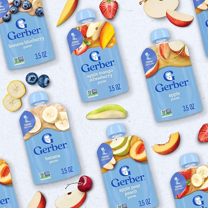 Gerber Stage 2 Baby Food, Banana Blueberry Puree Pouch, 2 Servings of Fruit, No Added Sweetener, No Artificial Colors or Flavors (Pack of 3)