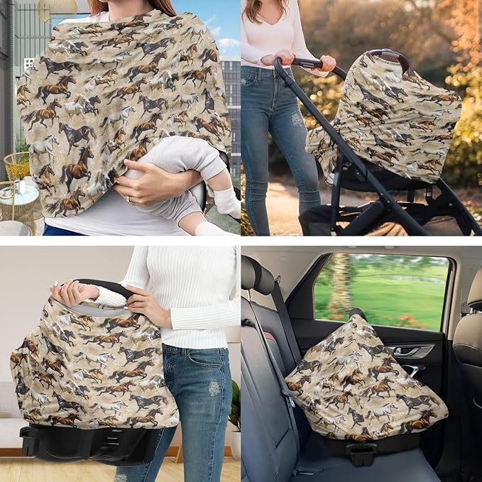 Native Running Horse Car Seat Cover with U Shaped Pillowcase Cover for Babies Multi-Purpose Soft Nursing Breastfeeding Covers for High Stretchy Infant Carseat Canopy, 2 Packs