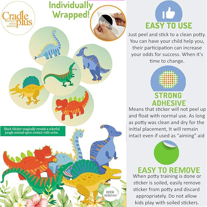 Potty Training Seat Magic Sticker | Dinosaur Potty Training Toilet Color Changing Sticker | 5 Pack Toilet Targets with Free Potty e Book | Use with or Without Potty Chart or Potty Watch