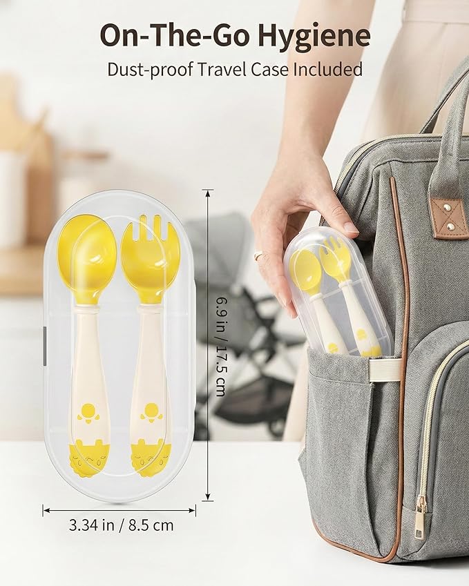 Deejoy Toddler Utensils, Self-feeding Flatware Set withTravel Case, Baby Spoons and Forks with Silicone Bendable Handle, Easy Grip Heat-Resistant, Ideal for Kids, Stage 2, Yellow