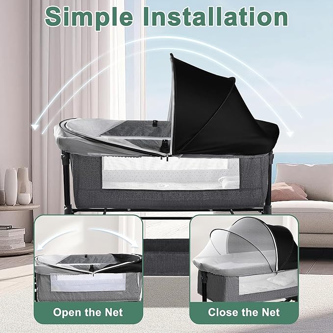 Bassinet Cover for Cats - Blackout Breathable Mosquito Net for Baby Bedside Sleepers & Travel Cribs, 2-Way Zipper Bug Canopy Tent to Block Light & Keep Cats Out (Black-Small)