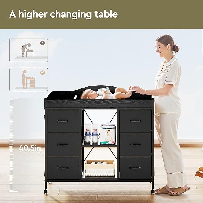 Yetom Changing Table, 6-Drawer Baby Dresser with Changing Table top,Waterproof Diaper Changing Station & Pad, 2 Height-Adjustable Open Storage Shelves, Mobile Nursery Organizer, Black
