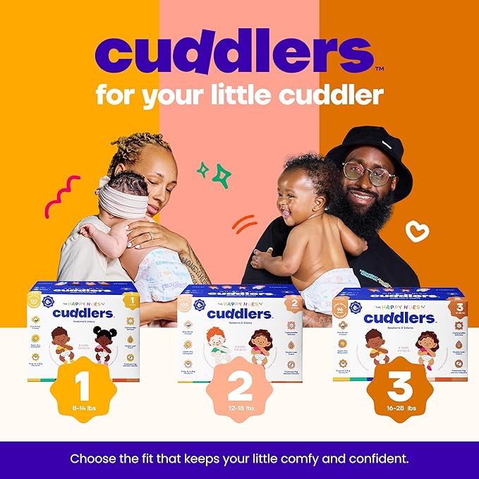 Happy Hues Cuddlers Disposable Diapers Size 1,8–14 lbs–Baby Diapers with Shea Butter, Wetness Indicator &Leak Protection–Ultra-Soft Unisex Newborn &Infant Diapers with Full Coverage,120 Count