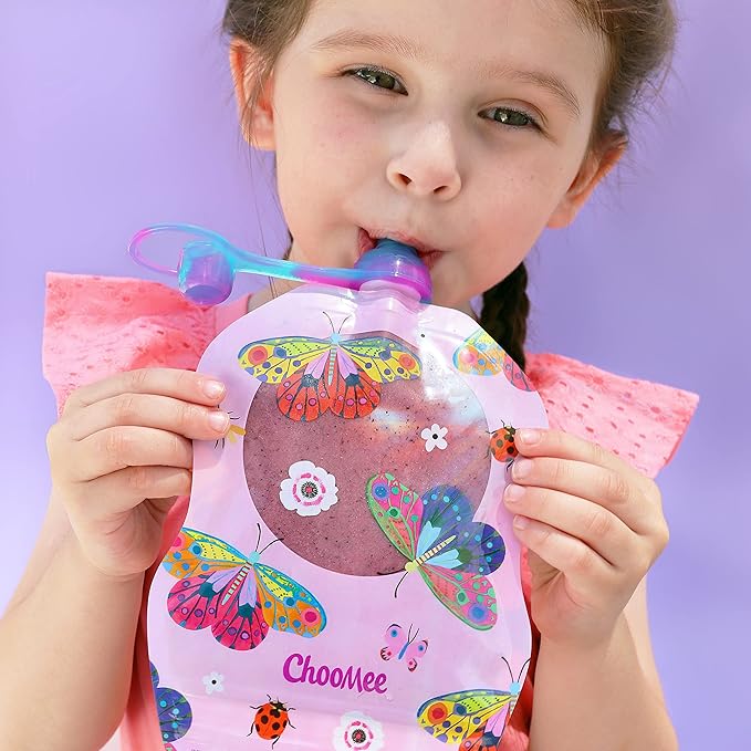 ChooMee Reusable Baby Food Storage Pouches | BPA Free Leakproof Toddler Squeeze Pouch for Smoothies, Purees & Baby Food | Refillable, Double Zipper, Easy Clean, Wide Bottom | 6CT, 8oz FlutterBug