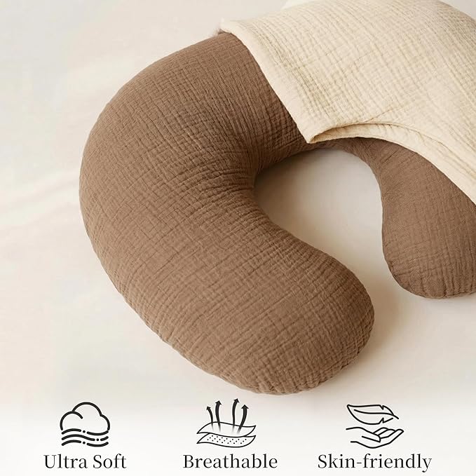 Pro Goleem Muslin Nursing Pillow Cover, 100% Cotton Soft Breathable Feeding Pillow Slipcover for Breastfeeding Moms, Fits Standard Infant Nursing Pillow, for Boys and Girls, 2 Pack (Brown＆Beige)