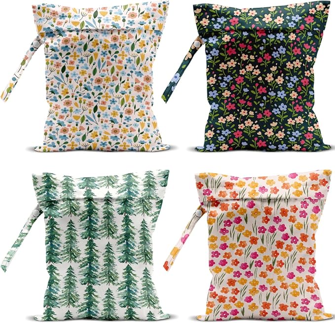 4 Pack Cute Wet Bag Waterproof Washable Reusable Wet Dry Bag for Swimsuit Dirty Clothes Diaper Travel Beach Gym Birthday Christmas Bachelorette Party Toiletries Beach Essentials，Plant Tree Flower