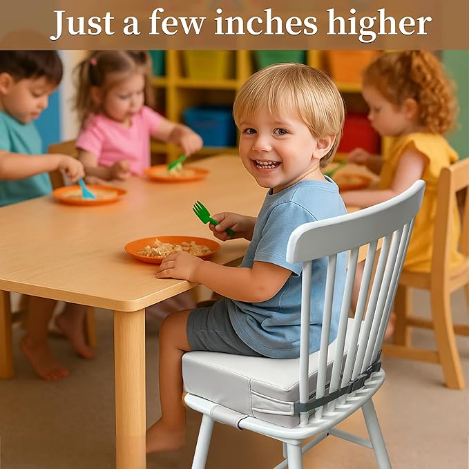 Toddler Booster Seat for Dining Table – PU Washable Cushion with Double Safe Straps, Non-Slip Bottom, Portable Travel Booster Seat for Toddlers (Grey)