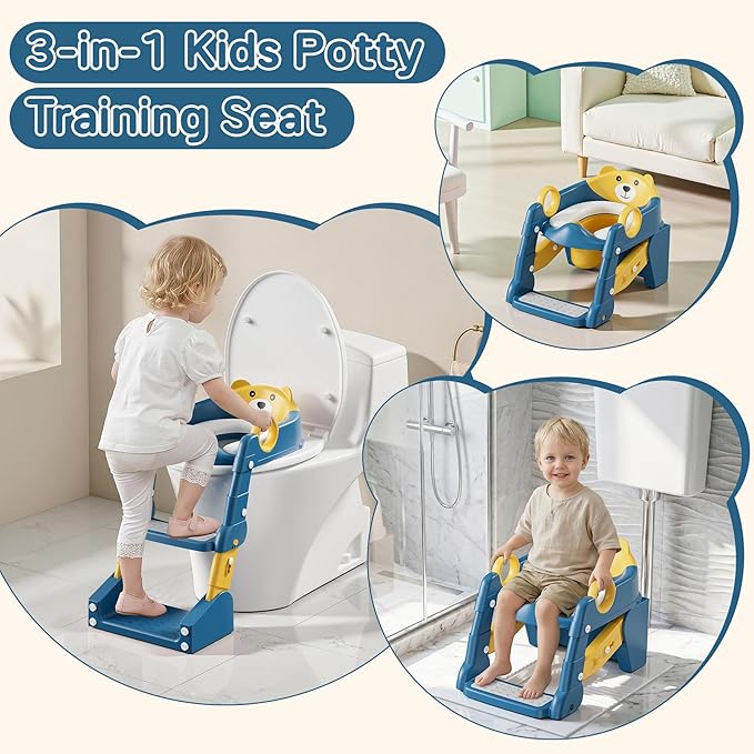Potty Training Seat,Toddler Toilet Seat for Boys Girls,3-in-1 Potty Training Toilet and Chair with Step Stool Ladder,Anti-Slip Height Adjustable Foldable Splash Guard for Kids (Blue Yellow)