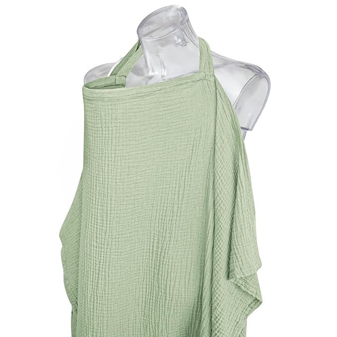 Konssy Muslin Nursing Cover for Baby Breastfeeding, Breathable 100% Cotton Breastfeeding Cover with Rigid Hoop for Mother Nursing Apron, Multi-use Carseat Canopy (Sage)