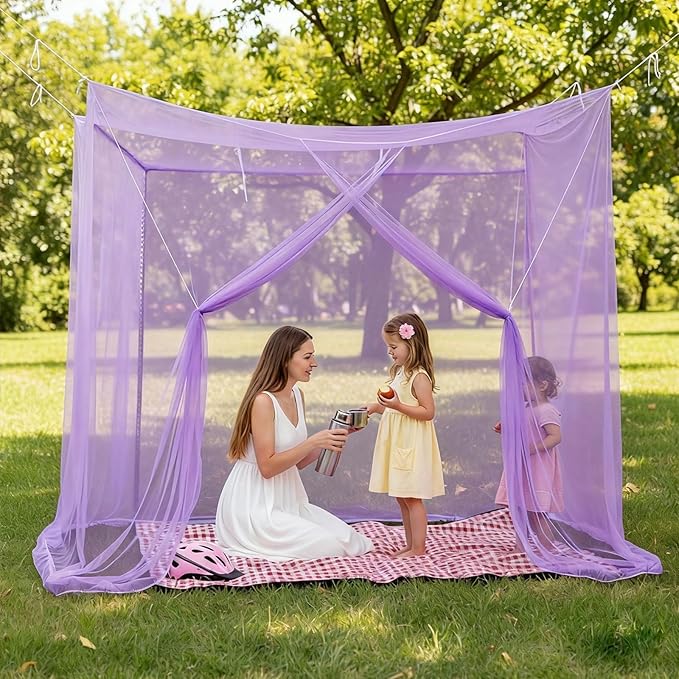 Mosquito Net for Bed - 4 Corner Bed Canopy with Fine Mesh Protection, Queen Size Bed, Easy Assembly Bug Net for Indoor/Outdoor Use, Camping & Travel