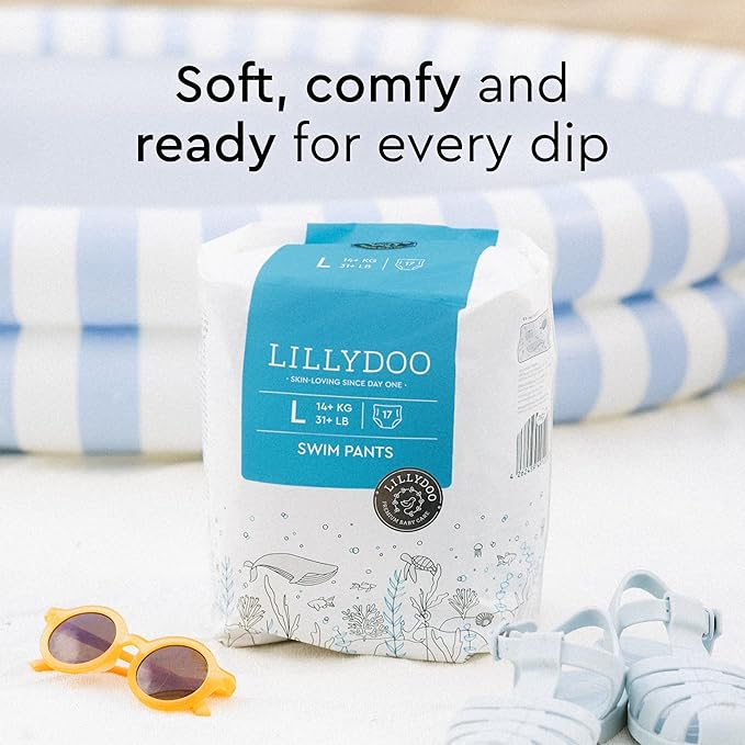 LILLYDOO Baby Swim Diapers - Size Large (31+ lbs), Half-Monthly Supply (34 Count), Blue Whales Design, Skin-Friendly, Perfume- & Chlorine-Free, Hypoallergenic, Dermatologist Tested, Oeko-TEX®