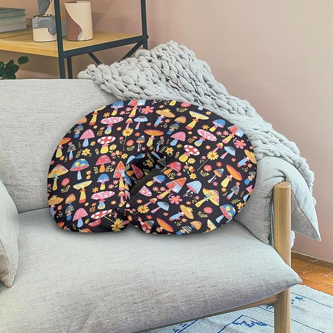 Mushroom Pillowcase for Nursing， Colorful Forest Mushrooms Soft Breastfeeding Nursing Pillows Cover， Graffiti Art Stretchy Feeding Pillow Case for Baby Girl and Boys
