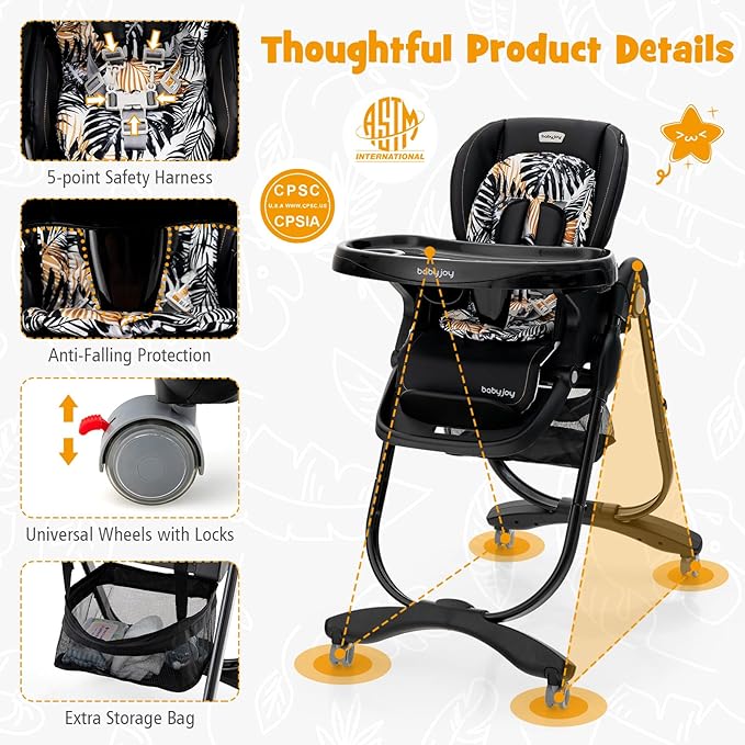 BABY JOY High Chair, Foldable Baby High Chair with Adjustable Height, Recline & Footrest, Double Removable Tray, Storage Basket, Portable Chair with Wheels for Babies & Toddlers (Black)
