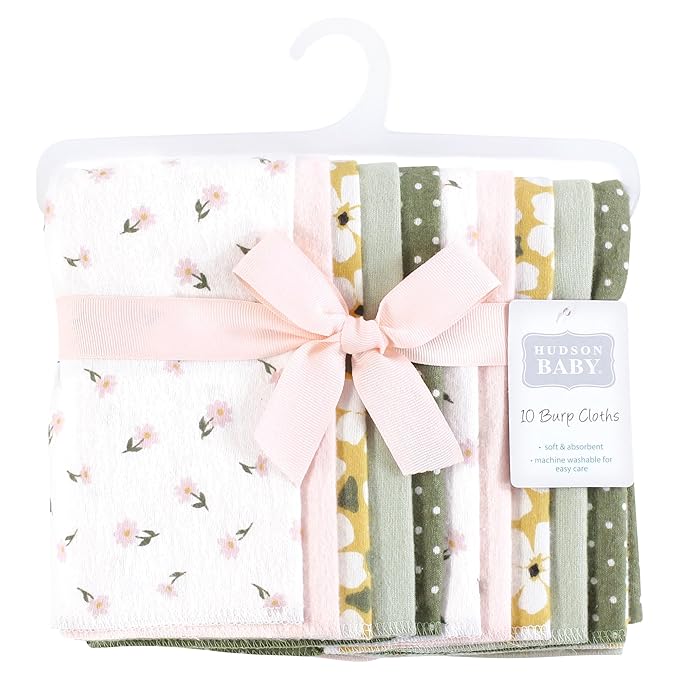 Hudson Baby Unisex Baby Flannel Burp Cloth 10pk, Sage Floral, One Size