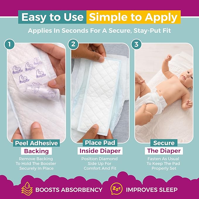 Diaper Booster Pads Overnight, Stop Leaks Nighttime, Overnight Diaper Liners for Baby, Toddler, Boys & Girls, Adhesive Diaper Inserts, Size 5 Diapers and up, 64 ct (2 Packs)