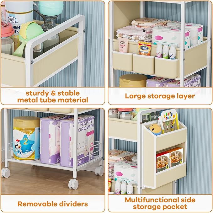 Diaper Cart Rolling Storage, 3-Tier Nursery Organizer with Removable Diaper Caddy, Mobile Metal Caddy for Baby Wipes & Toys, Small Utility Cart for Tight Spaces