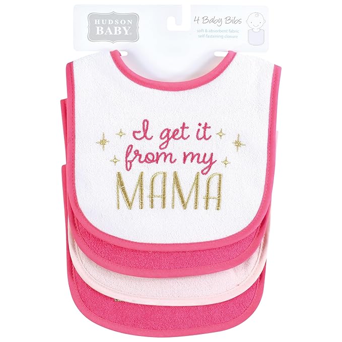 Hudson Baby Infant Girl Cotton Terry Drooler Bibs with Fiber Filling, My Mama, One Size