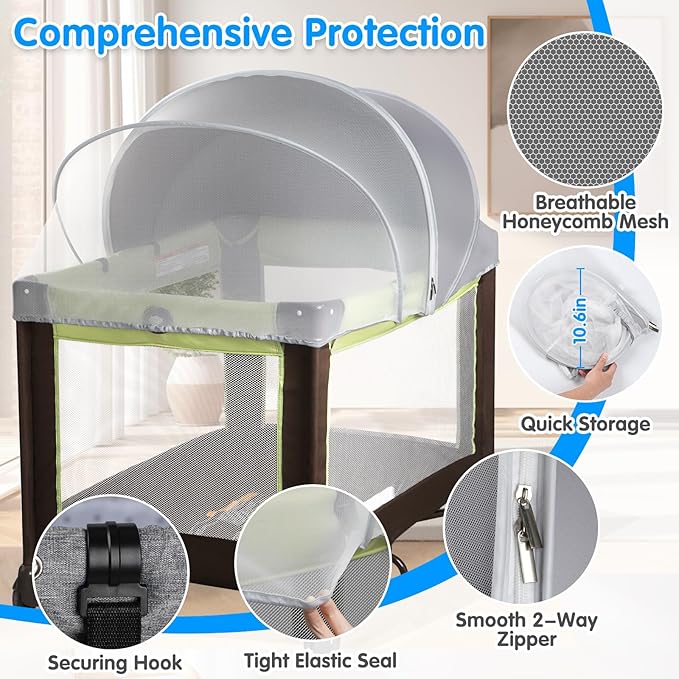 Pack N Play Tent Cover - Light-Blocking Mosquito Net with Two-Way Zipper Portable Bassinet Canopy to Keep Cats Out Bedside Bassinet Insect-Proof Cover, Gray-Large