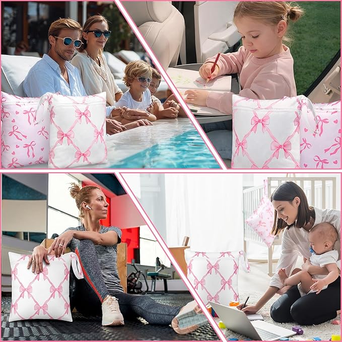 Sanwuta 2 Pack Wet Bags Resuable Waterproof Wet Dry Bag for Swimsuit Travel Beach Pool Bathing Diapers Dirty Yoga Gym Clothes Toiletries with Zippered Pockets(Pink Bow,Pink and White)