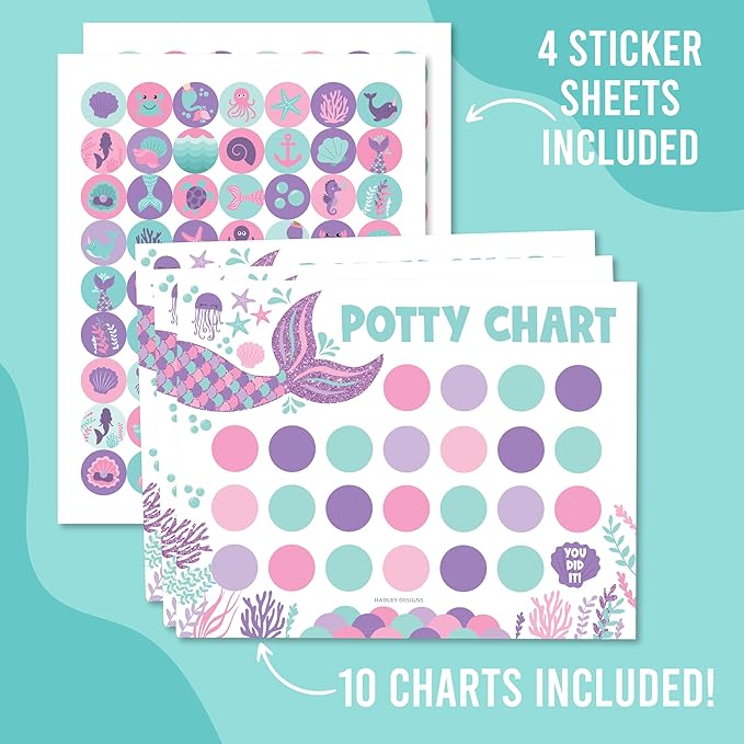 Hadley Designs Potty Training Chart for Toddlers Girls -10 Sticker Potty Chart for Toddlers Girls, 8.5x11" Potty Training Sticker Charts for Toilet Success, Mermaid Toddler Reward Chart for Kids