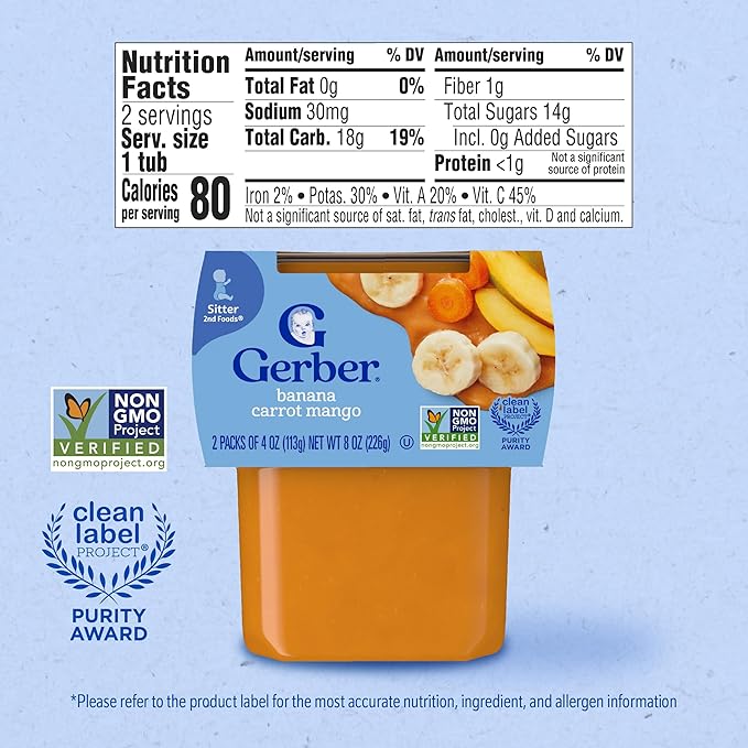 Gerber Stage 2 Baby Food, Banana Carrot Mango Puree Tubs, No Artificial Colors or Flavors, Baby Puree, 16-Pack
