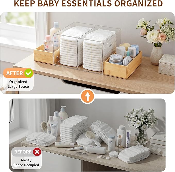 Acrylic Diaper Caddy, Changing Table Organizer with Handle & 3 Wooden Compartments, Storage for Wipe Dispenser, Baby Organizers and Storage, Perfect for Diapers Wipes Creams, Clear