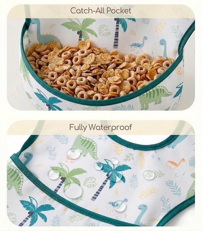3-Pack Waterproof Baby Bibs for Eating - Mess Proof Lightweight Toddler Feeding Bibs with Large Food Catcher, Food-Grade Baby Eating Essentials, Easy to Put On & Clean(Blue Dinosaur)