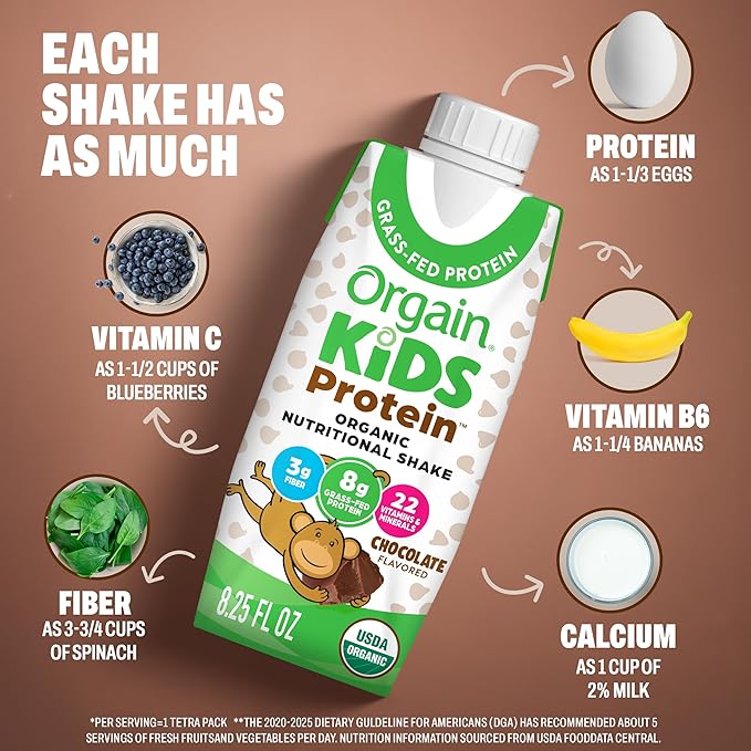 Orgain Organic Kids Protein Nutritional Shake, Chocolate - 8g of Protein, 22 Vitamins & Minerals, Fruits & Vegetables, Gluten Free, Soy Free, Non-GMO, 8.25 Fl Oz (Pack of 4)