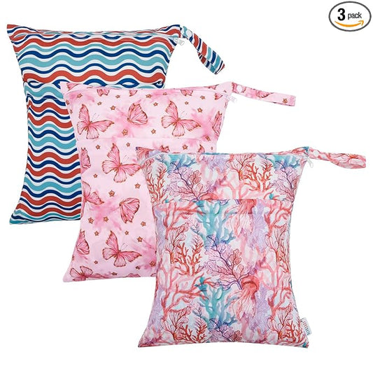 ALVABABY 3pcs Cloth Diaper Wet Dry Bags Waterproof Reusable with Two Zippered Pockets Travel Beach Pool Daycare Soiled Baby Items Yoga Gym Bag for Swimsuits or Wet Clothes 3L-ZM19A