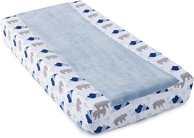 Levtex Baby - Trail Mix Diaper Changing Pad Cover - Fits Most Standard Changing Pads - Blue Plush, Grey Bears and Blue Mountains - Nursery Accessories - Plush