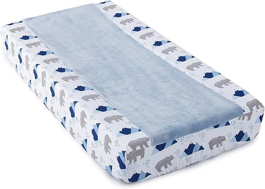Levtex Baby - Trail Mix Diaper Changing Pad Cover - Fits Most Standard Changing Pads - Blue Plush, Grey Bears and Blue Mountains - Nursery Accessories - Plush