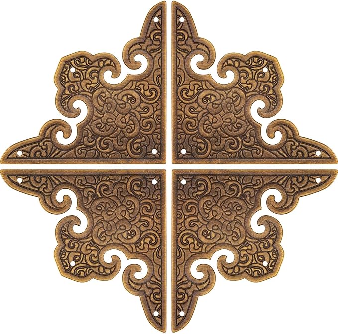 Antique Brass Decorative Box Corner Protector, 4Pcs Wooden Jewelry Gift Box Cabinet Chest Accessories Guard Edge Cover Flat Corner Brace (Bronze, Printing Pattern)