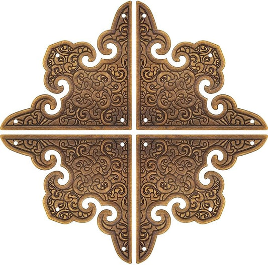 Antique Brass Decorative Box Corner Protector, 4Pcs Wooden Jewelry Gift Box Cabinet Chest Accessories Guard Edge Cover Flat Corner Brace (Bronze, Printing Pattern)