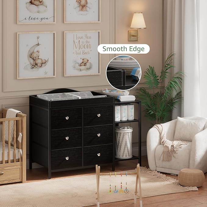 BOLUO Baby Dresser with Changing Table Top, Black Changing Table Dresser with 6 Fabric Drawers Diaper Changing Station with Storage Shelf for Nursery Modern