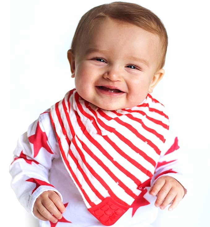 Nuby Reversible 100% Natural Cotton Muslin 3 Piece Teething Bib, Grey/Red/Blue, Arrows/Red Stripes/Elephants