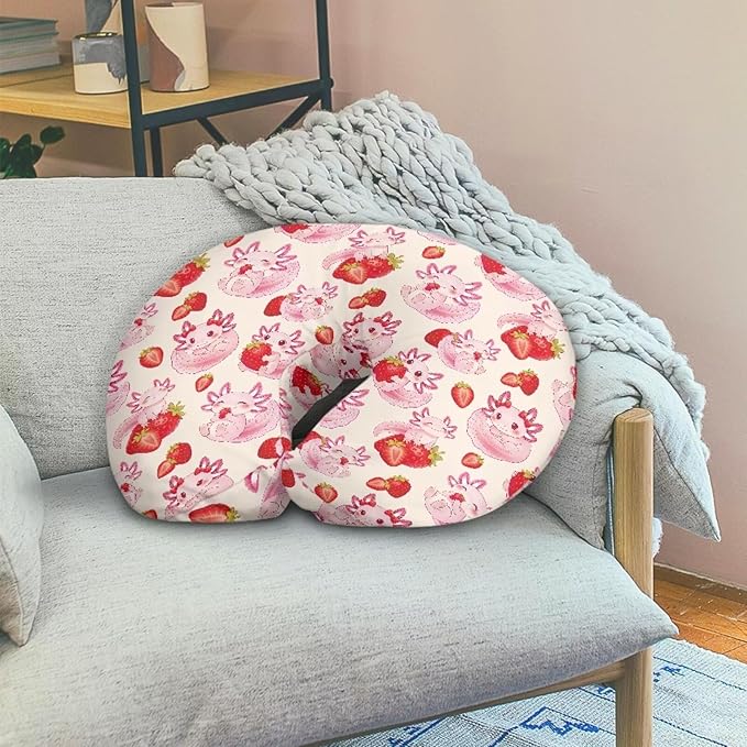Jeiento Pink Nursing Pillow Covers Cartoon Axolotl Strawberry Nursing Cover for U-Shaped Breastfeeding Pillow Slipcovers for Newborn Baby Mom,Cute Axolotl U-Shaped Pillows Case