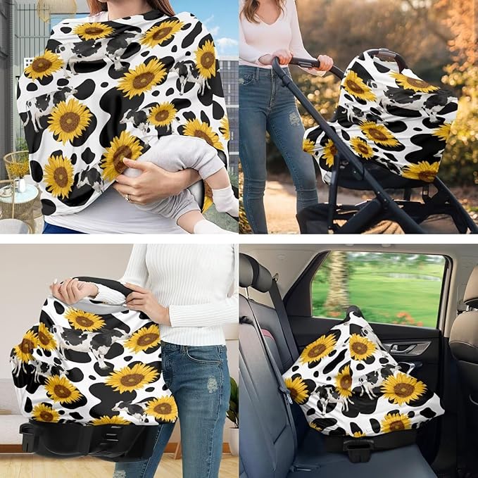 Sunflower Cow Baby Car Seat Cover with Nursing Pillow Case Set of 2, Stretchy Comfort Nursing Cover for Breastfeeding, Carseat Canopy, High Chair Protectors