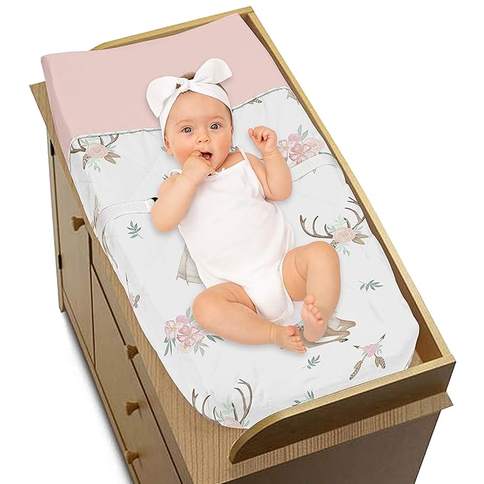 Sweet Jojo Designs Blush Pink, Mint Green and White Boho Changing Pad Cover for Woodland Deer Floral Collection