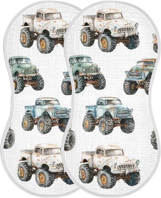 Vintage Monster Trucks Burp Cloths Baby Boys Girls Absorbent Soft Cotton Burping Cloths Rags 2 Pack